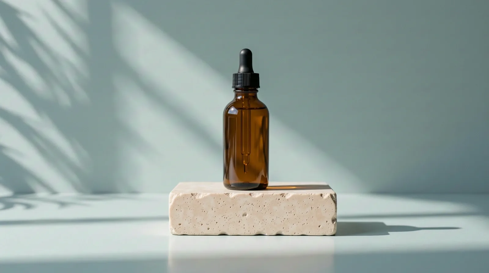 Premium restorative skincare bottle on limestone